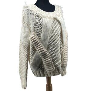 NINE West cream wool blend chunky knit sweater boho fringe sweater sz lg